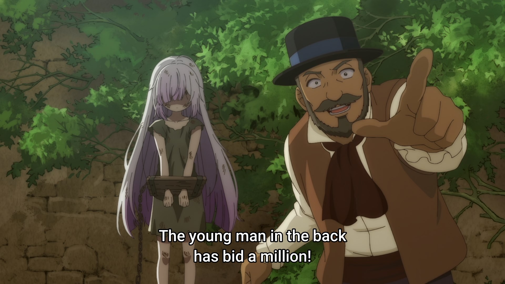 A filthy looking, shackled young girl is looking at the ground while in the foregorund a slave trader shouts that the protagonist has just offered a million pis for her